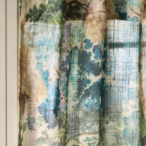 Judarn Printed Cotton Cafe Curtains, Set of 2 - 25" Wx36 L", Taupe/Blue Pattern - Picture 2 of 4